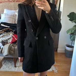 ZARA LONG BOUCLE DOUBLE BREASTED BLAZER JACKET SHERPA TEDDY COAT BLACK  2753/344